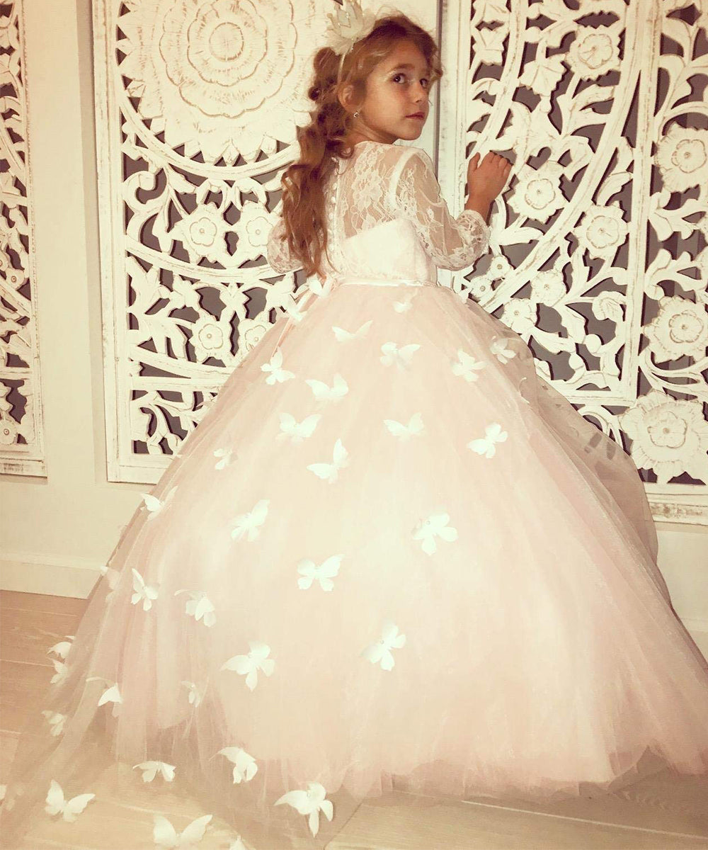 AbaoWedding Lovely First Communion Dress Long Sleeves Pink Prom Gown