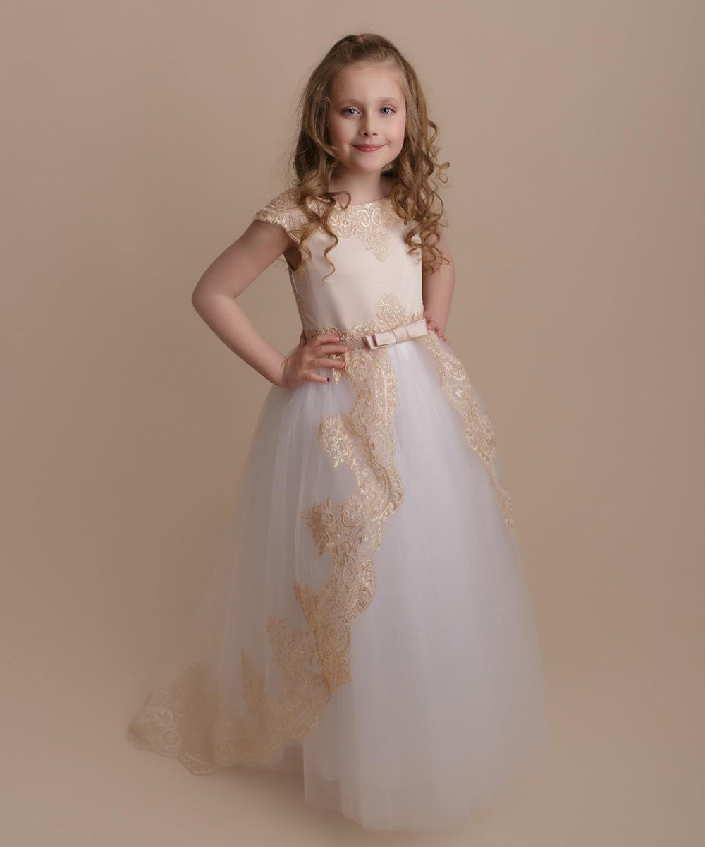 AbaoWedding Lace Tulle Flower Girl Dress Princess Communion Ball Gown With Satin Bow Sash