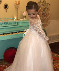 AbaoWedding Lace Embroidery Sheer Long Sleeves Kids Trailing Gowns