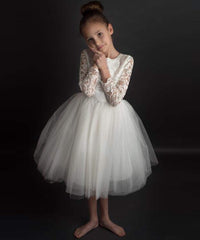 AbaoWedding Flower Girl Dress Long Sleeves Lace Top Tulle Skirt Kids First Communion Gowns