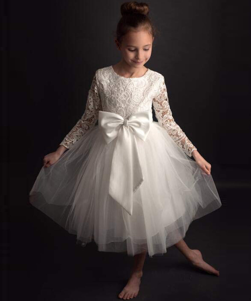 AbaoWedding Flower Girl Dress Long Sleeves Lace Top Tulle Skirt Kids First Communion Gowns