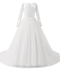 AbaoWedding Lace Embroidery Sheer Long Sleeves Kids Trailing Gowns - AbaoWedding