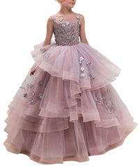 AbaoWedding Ball Gown Pageant Embroidery Princess Puffy Tulle Flower Girls Dress