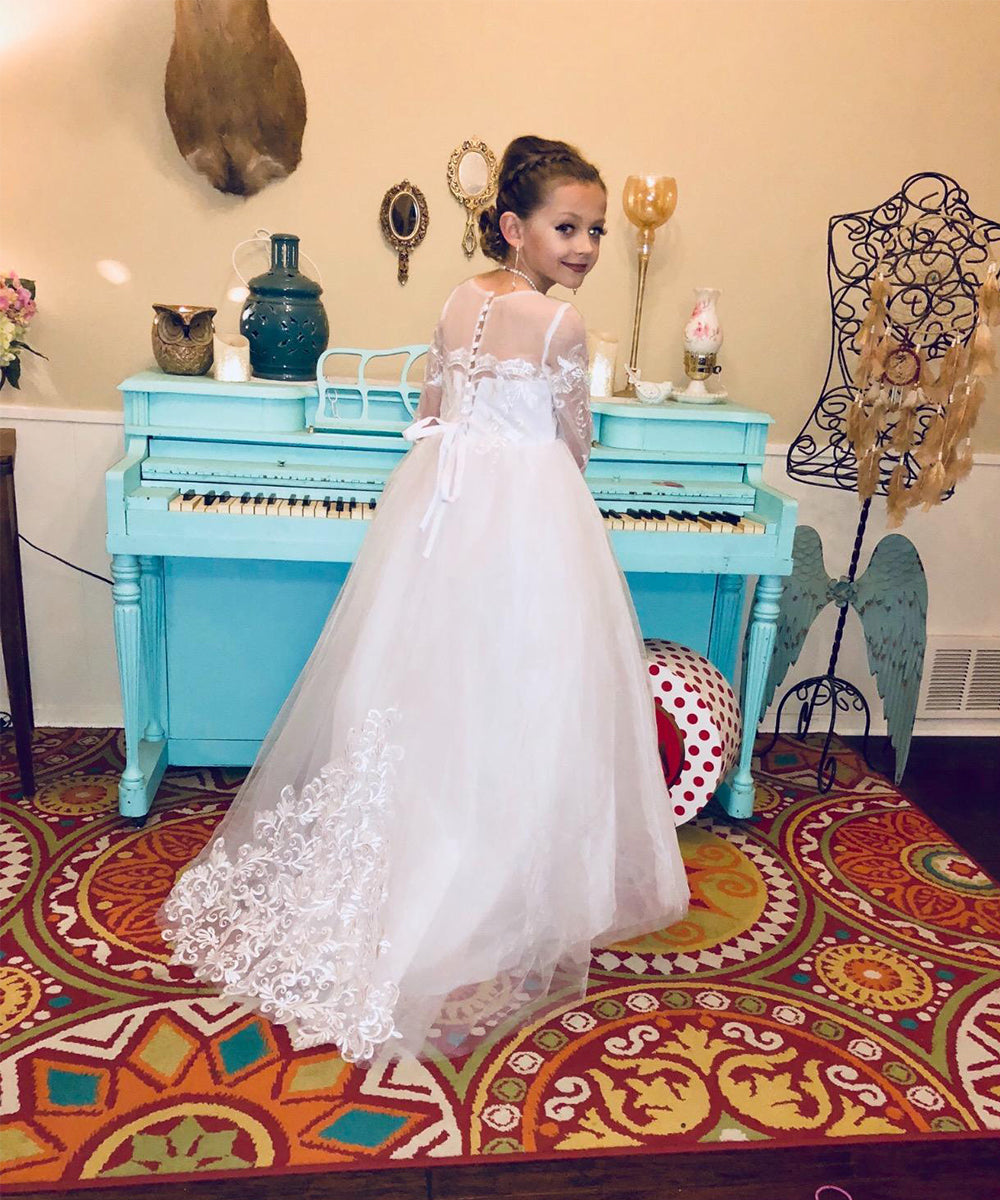 AbaoWedding Lace Embroidery Sheer Long Sleeves Kids Trailing Gowns