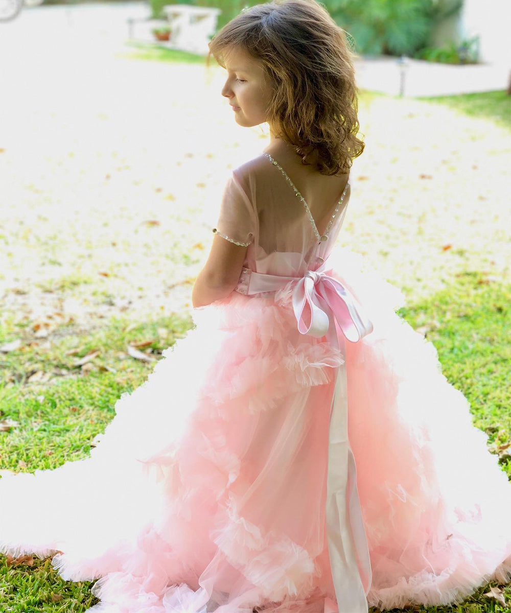 AbaoWedding Stunning Embroidery Ruffles V-Back Pageant Tulle Ball Gowns for Girls