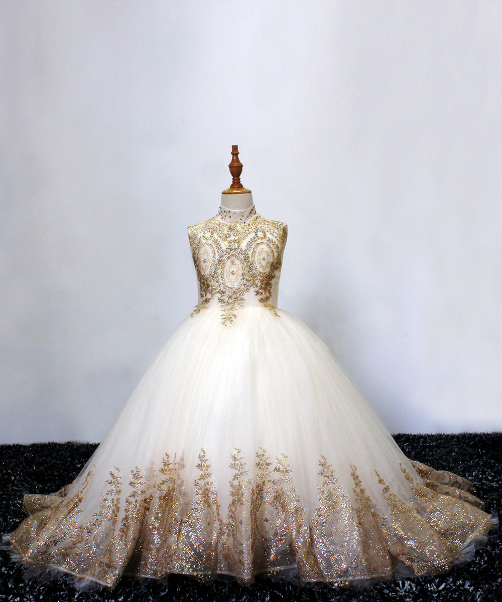 AbaoWedding Champagne Luxurious Beading Lace Flower Girl Ball Gown Dress