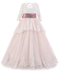 ABaoWedding Pink Lace up Long Sleeves Flower Girl First Communion Dresses Princess Pageant Party Dress - AbaoWedding