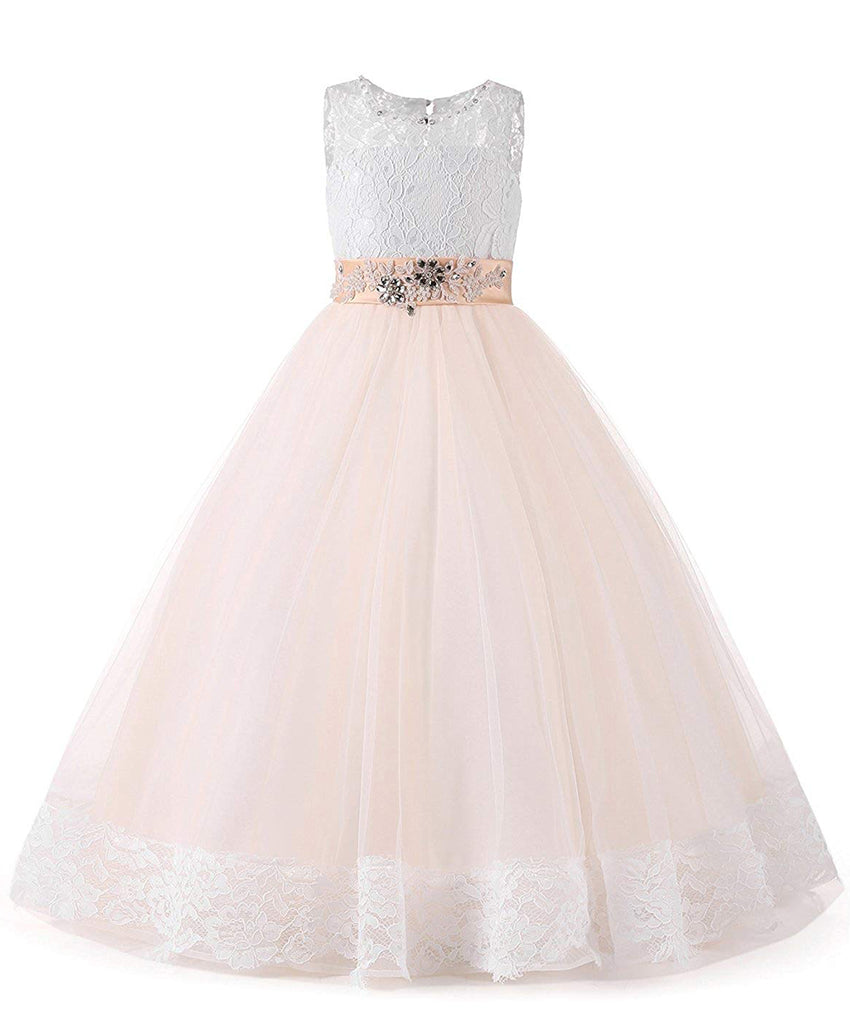 AbaoWedding Flower Girl Dress Floral Appliques Sleeveless Fluffy Kids Ball Gown Pink White Ivory
