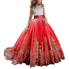 Princess Long Girls Pageant Dresses Kids Prom Puffy Tulle Lace Beaded Ball Gown