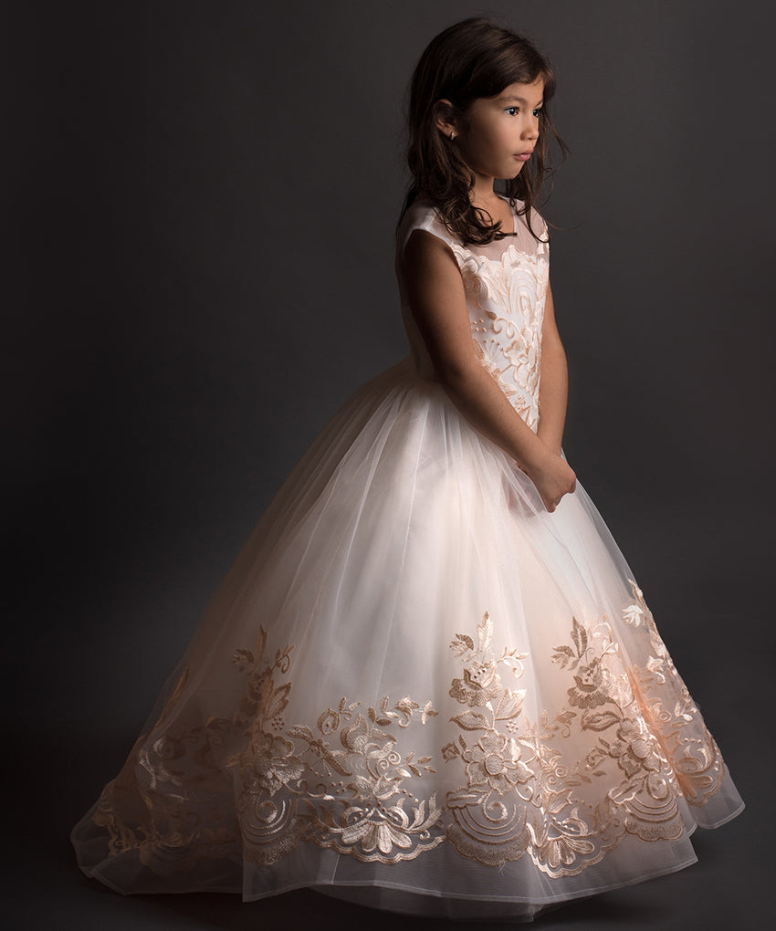 AbaoWedding Champagne Prom Lace Princess Ball Gowns Kids Pageant Flower Girls Dresses