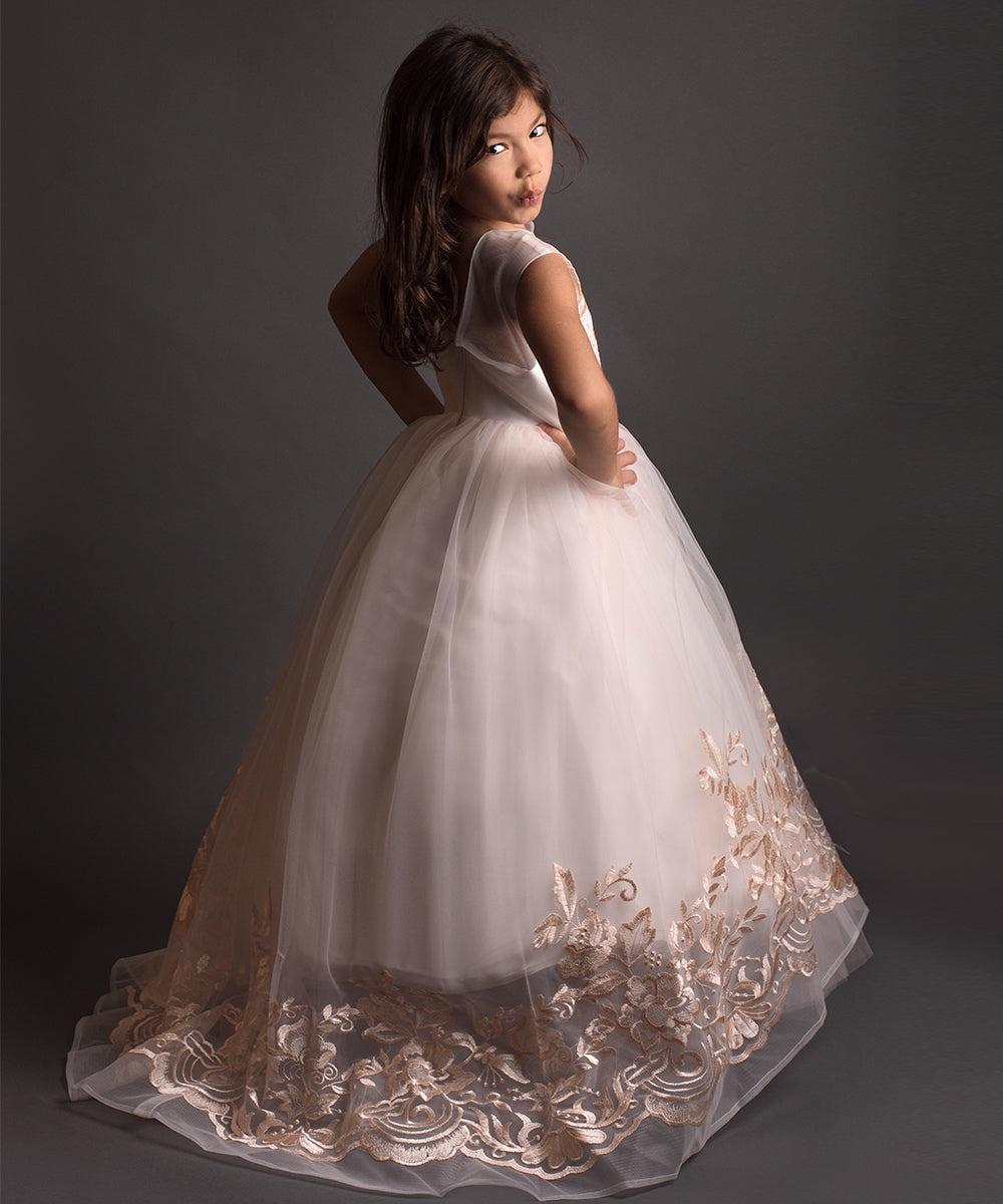 AbaoWedding Champagne Prom Lace Princess Ball Gowns Kids Pageant Flower Girls Dresses