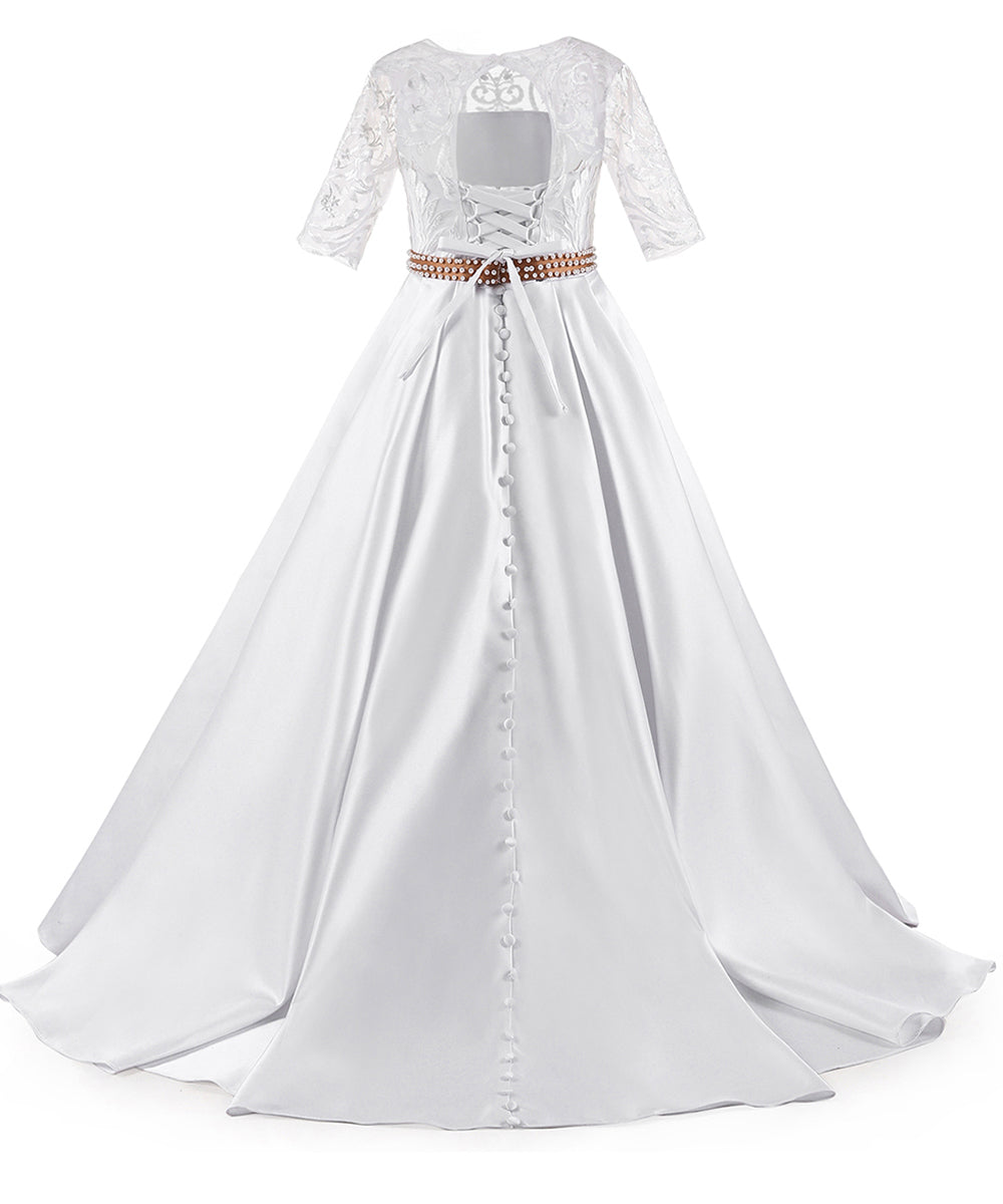 AbaoWedding Fancy Half Sleeves Pearl Open Back Girl Beading Belt Ball Gown Communion Dress 2-12 Year Old - AbaoWedding