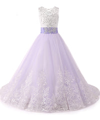 AbaoWedding Princess Lilac Long Girls Pageant Dresses Kids Prom Puffy Tulle Lace Beaded Ball Gown - AbaoWedding