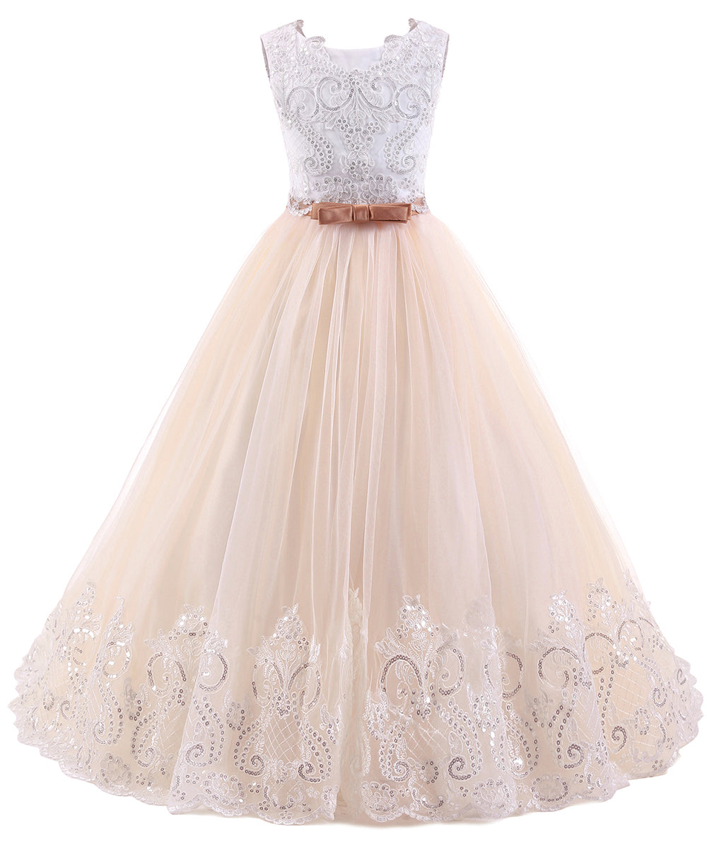 AbaoWedding Flower Girl Dress Floral Appliques Sleeveless Fluffy Kids Ball Gown Champagne - AbaoWedding