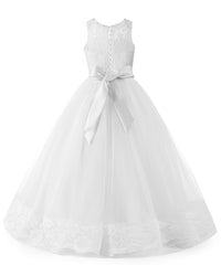 AbaoWedding Flower Girl Dress Floral Appliques Sleeveless Fluffy Kids Ball Gown Pink White Ivory