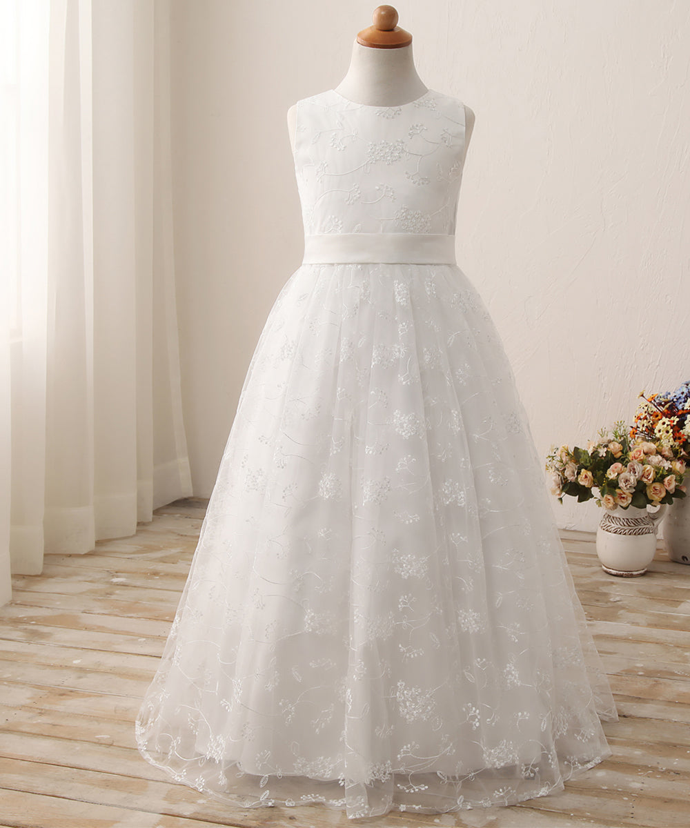 AbaoWedding A line Wedding Pageant Lace Flower Girl Dress with Belt 2-12 Year Old - AbaoWedding