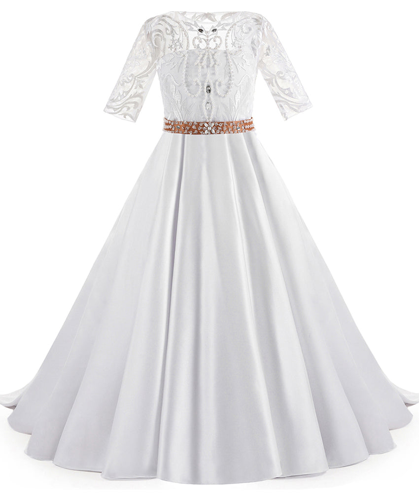AbaoWedding Fancy Half Sleeves Pearl Open Back Girl Beading Belt Ball Gown Communion Dress 2-12 Year Old - AbaoWedding