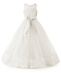 AbaoWedding Flower Girl Dress Floral Appliques Sleeveless Fluffy Kids Ball Gown Pink White Ivory