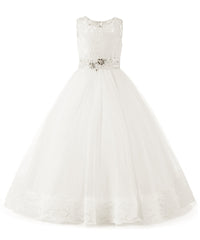 AbaoWedding Flower Girl Dress Floral Appliques Sleeveless Fluffy Kids Ball Gown Pink White Ivory