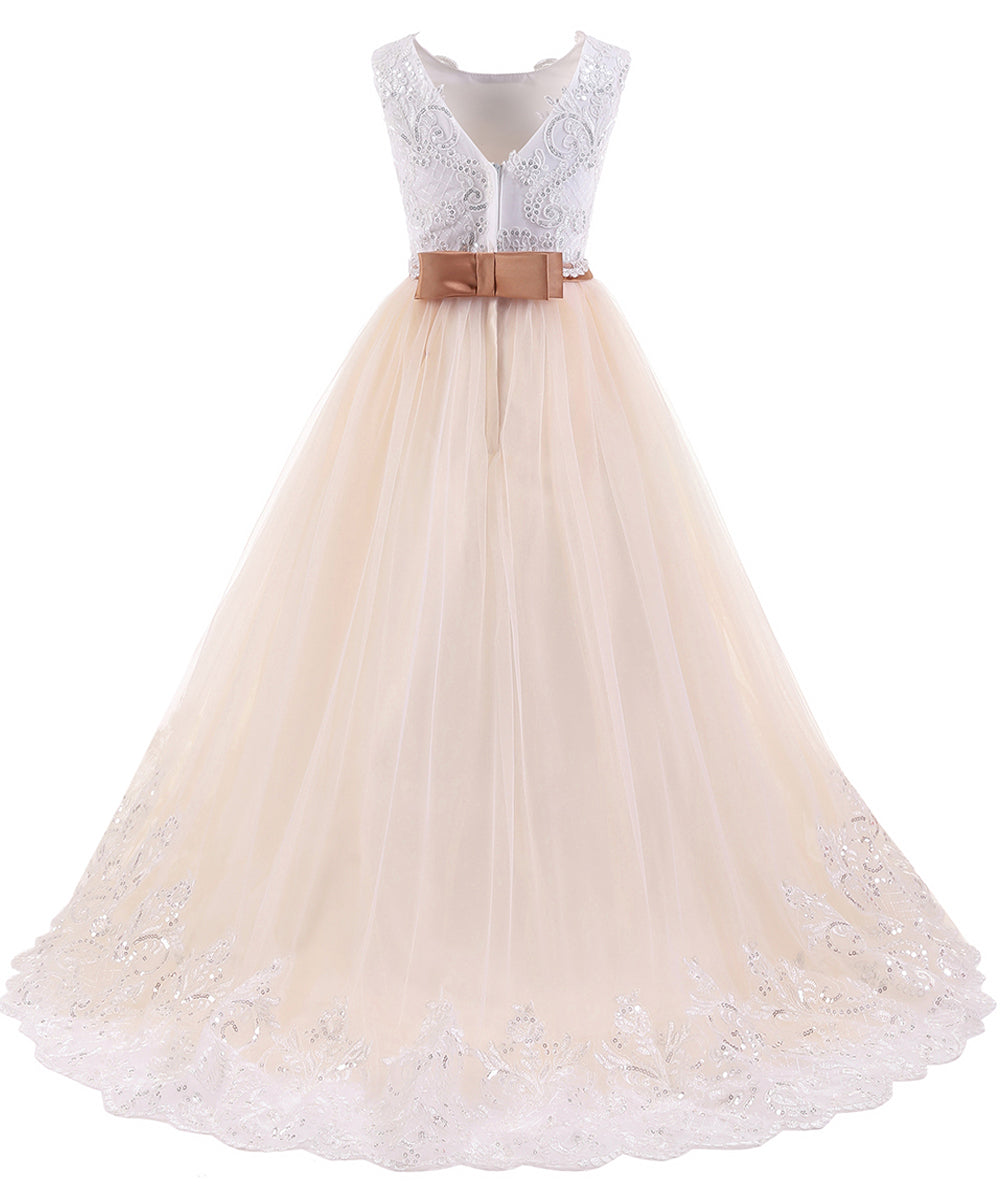 AbaoWedding Flower Girl Dress Floral Appliques Sleeveless Fluffy Kids Ball Gown Champagne - AbaoWedding