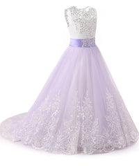 AbaoWedding Princess Lilac Long Girls Pageant Dresses Kids Prom Puffy Tulle Lace Beaded Ball Gown - AbaoWedding