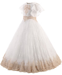 AbaoWedding Champagne Flower Girls Lace Applique Ball Gowns First Communion Dress Kids Pageant Dress - AbaoWedding